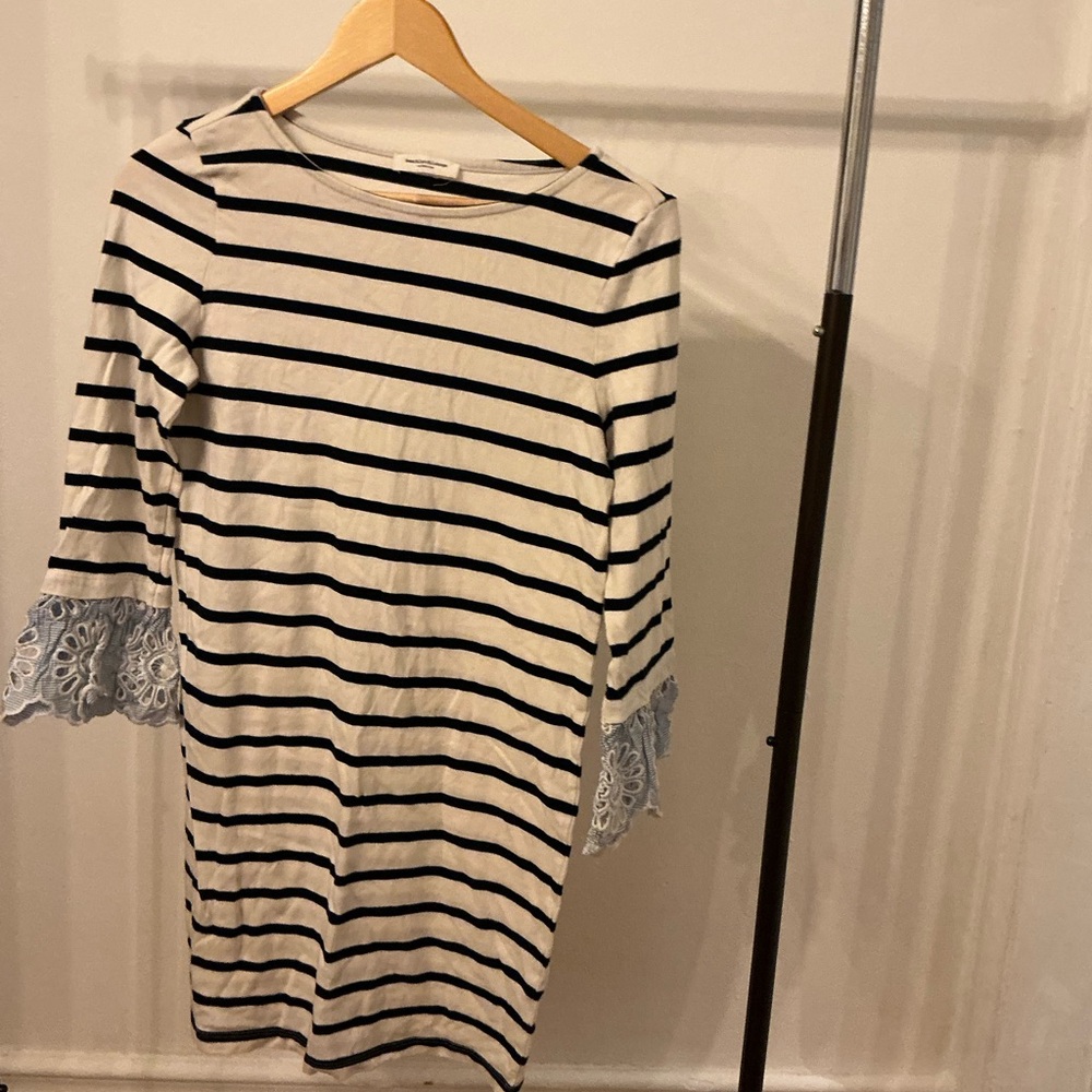 beachlunchlounge Black and White Striped Dress with Lace Sleeves